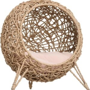20.5" Weaved Cat Bed, Elevated Hand-Woven Braided Banana Leaf Kitten House Condo with Cushion, Beige