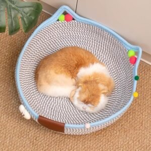 Cotton Rope Woven Pet Bed Basket, Small Dogs Sofa Bed for All Seasons,Washable Round Sleeping House Bed with Cat Ears for Indoor Cat Puppies Rabbits and Small Pets(Light Blue)