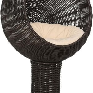 Elevated Cat Bed with Rotatable Egg Chair Pod, Cat Basket Bed with Thick Cushion, Natural Mat Grass Woven Kitty House, Coffee