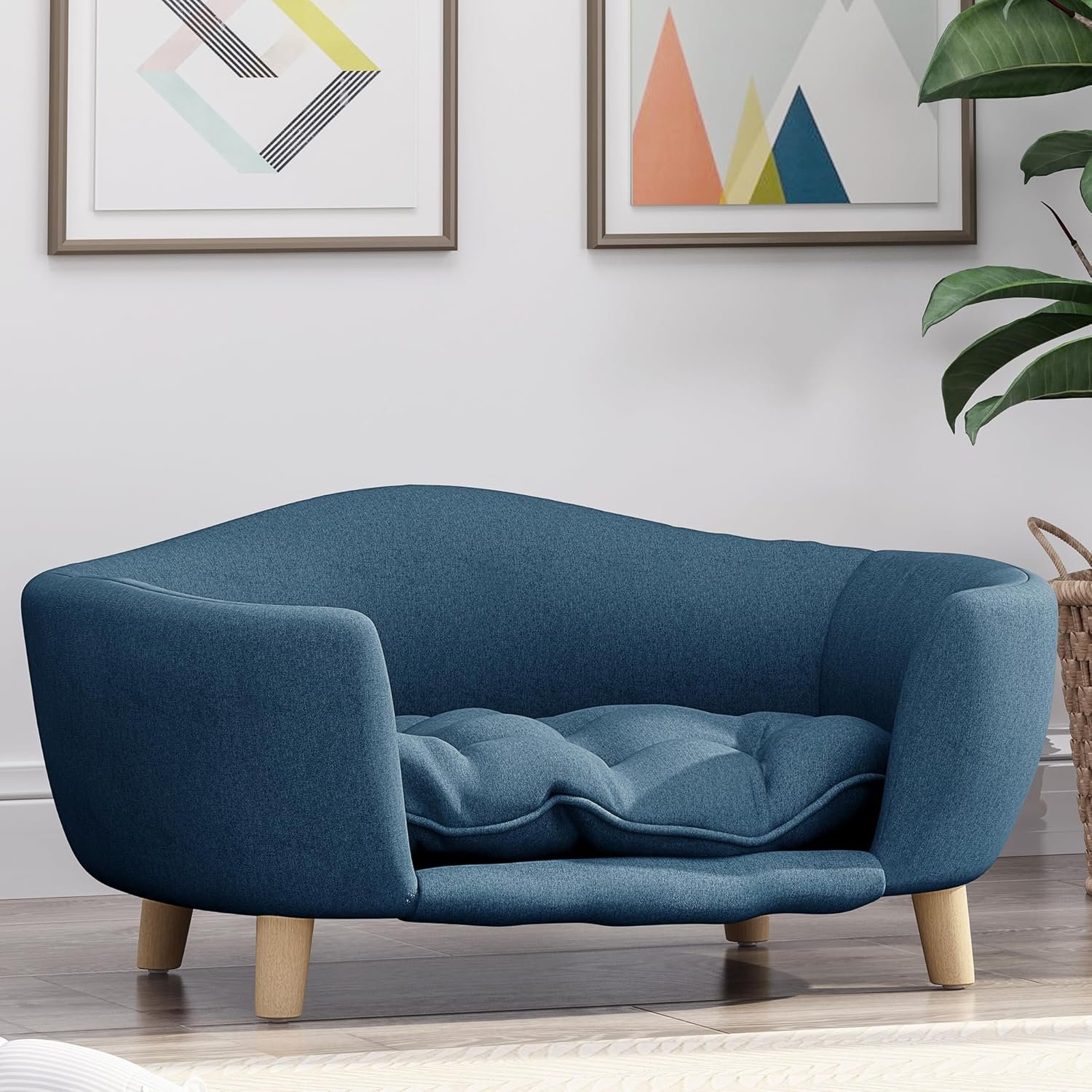 30''inch Bed Frame for Large Dogs, Modern Pet Sofa, Elevated Dog Couch Bed with Wooden Legs, Oval Small Dog Bed, Cozy Tufted Cushion Pet Furniture (Navy Blue)