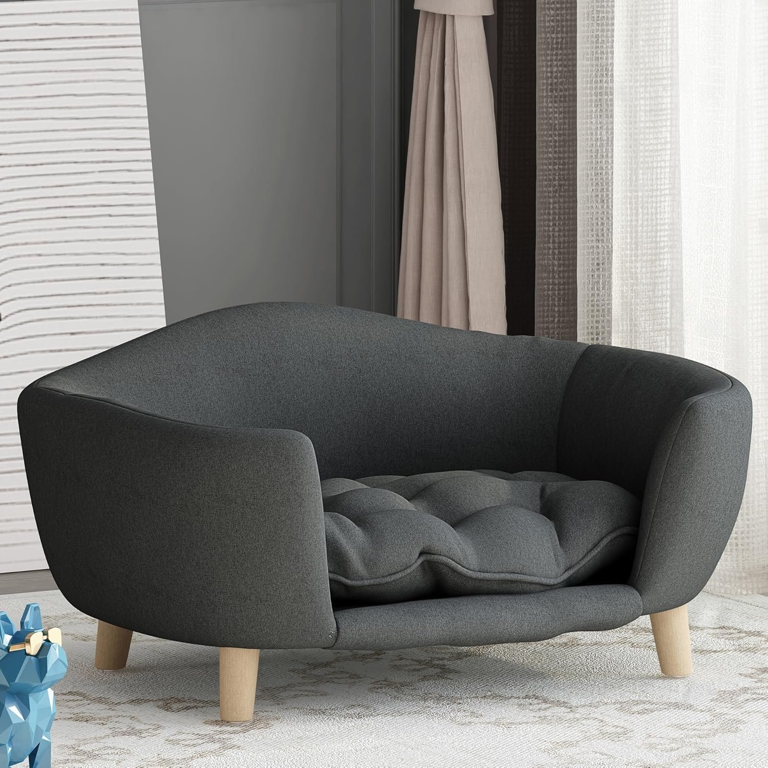 30''inch Bed Frame for Large Dogs, Modern Pet Sofa, Elevated Dog Couch Bed with Wooden Legs, Oval Small Dog Bed, Cozy Tufted Cushion Pet Furniture (Dark Gray)