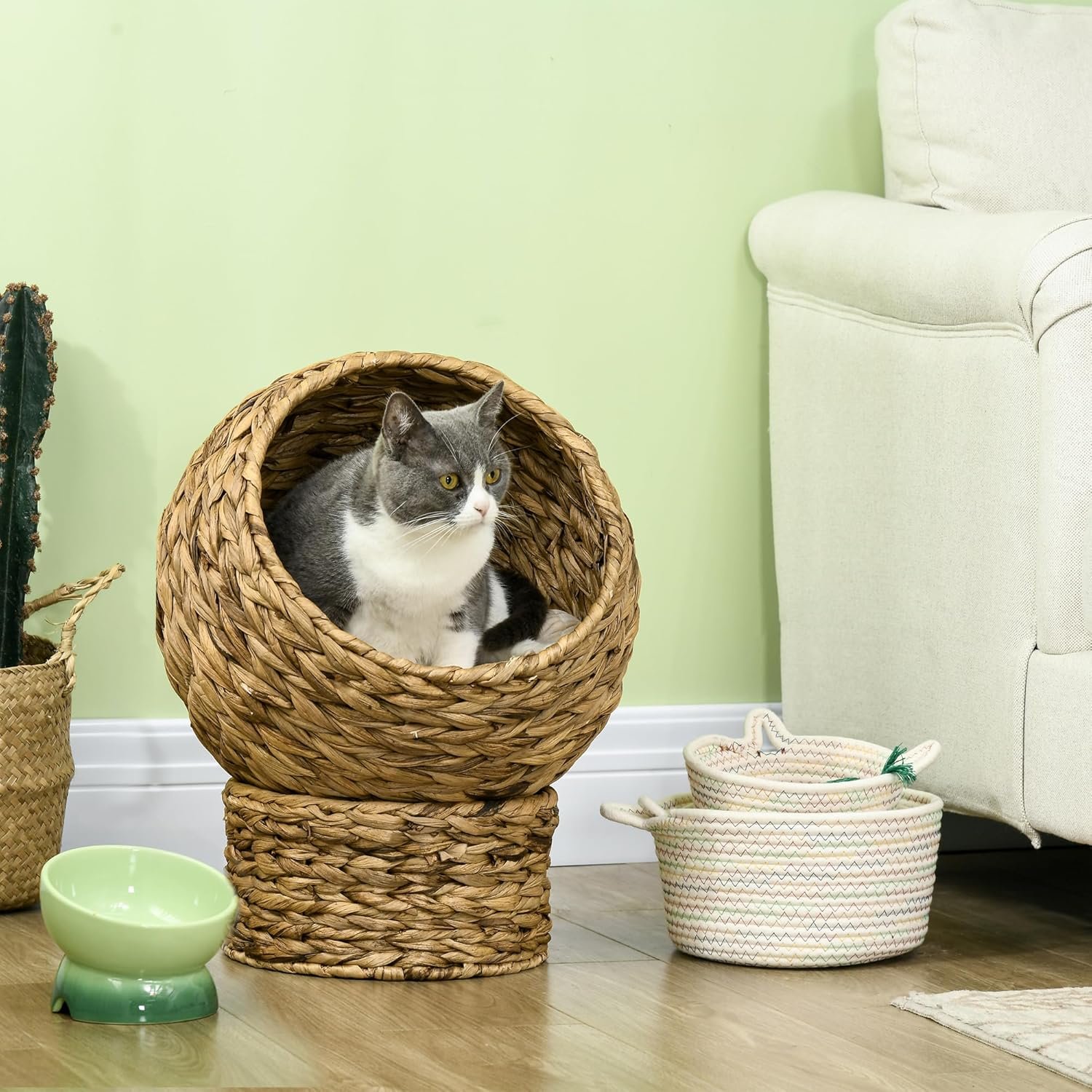 Handwoven Elevated Cat Bed with Soft Cushion & Egg Chair Shape, Basket Bed Kitty House with Stand, Raised Wicker House for Indoor Cats, 20" H, Brown - Image 2