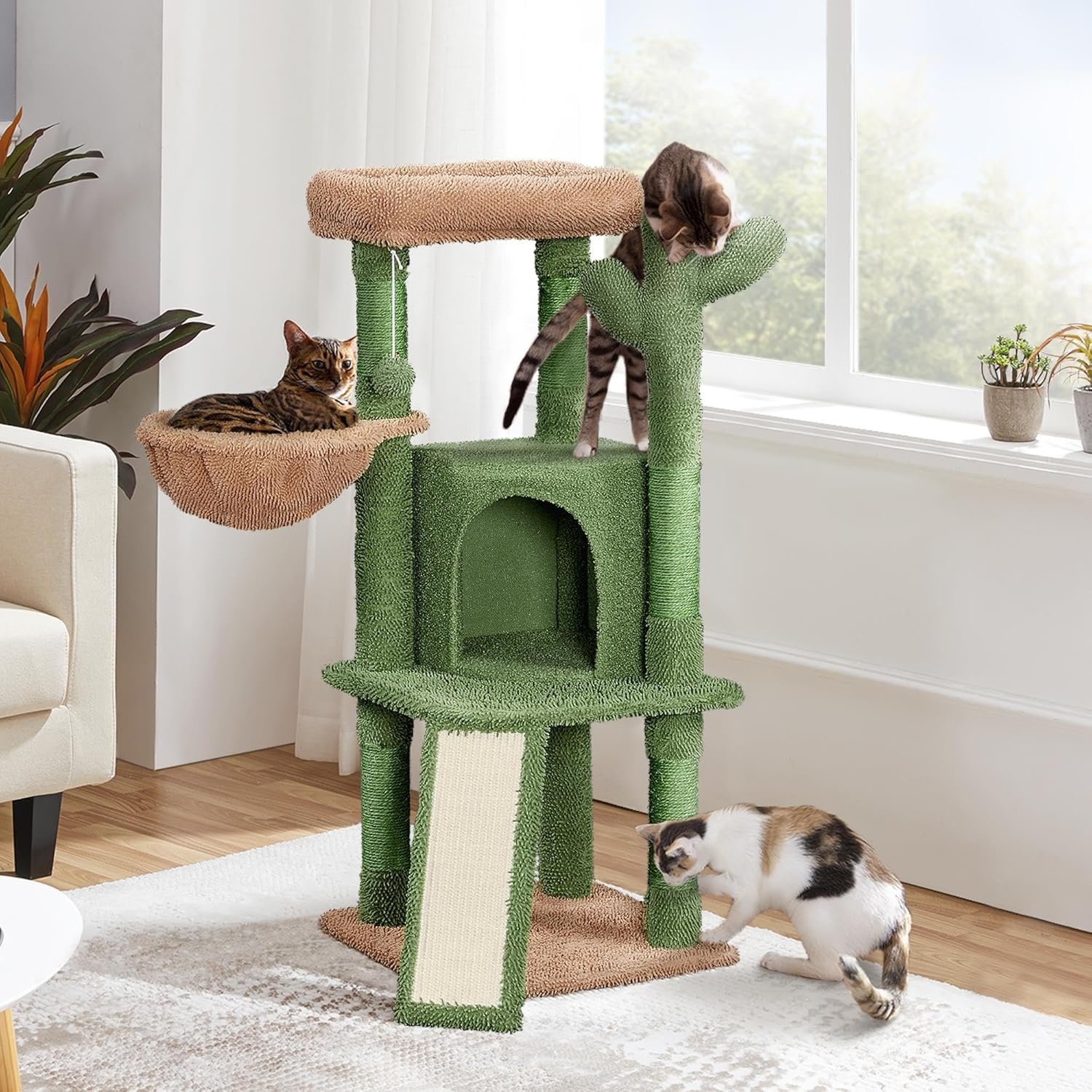 Cactus Cat Tree, 42in Cat Tower for Indoor Cats, Multi Level Kitten Condo Scratching Post, Cat Activity Center Pet Furniture w/Ball, Plush Perch, Platform, Basket - Image 2