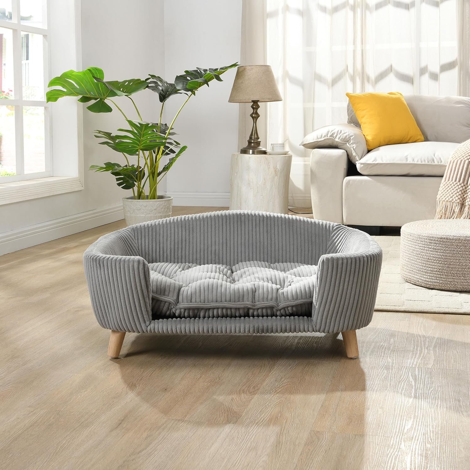 Orthopedic Dog Bed, Elevated Dog Sofa Bed for Small Dog, Supportive Foam Pet Couch Bed with Wooden Legs, Modern Pet Sofa Bed, Gray