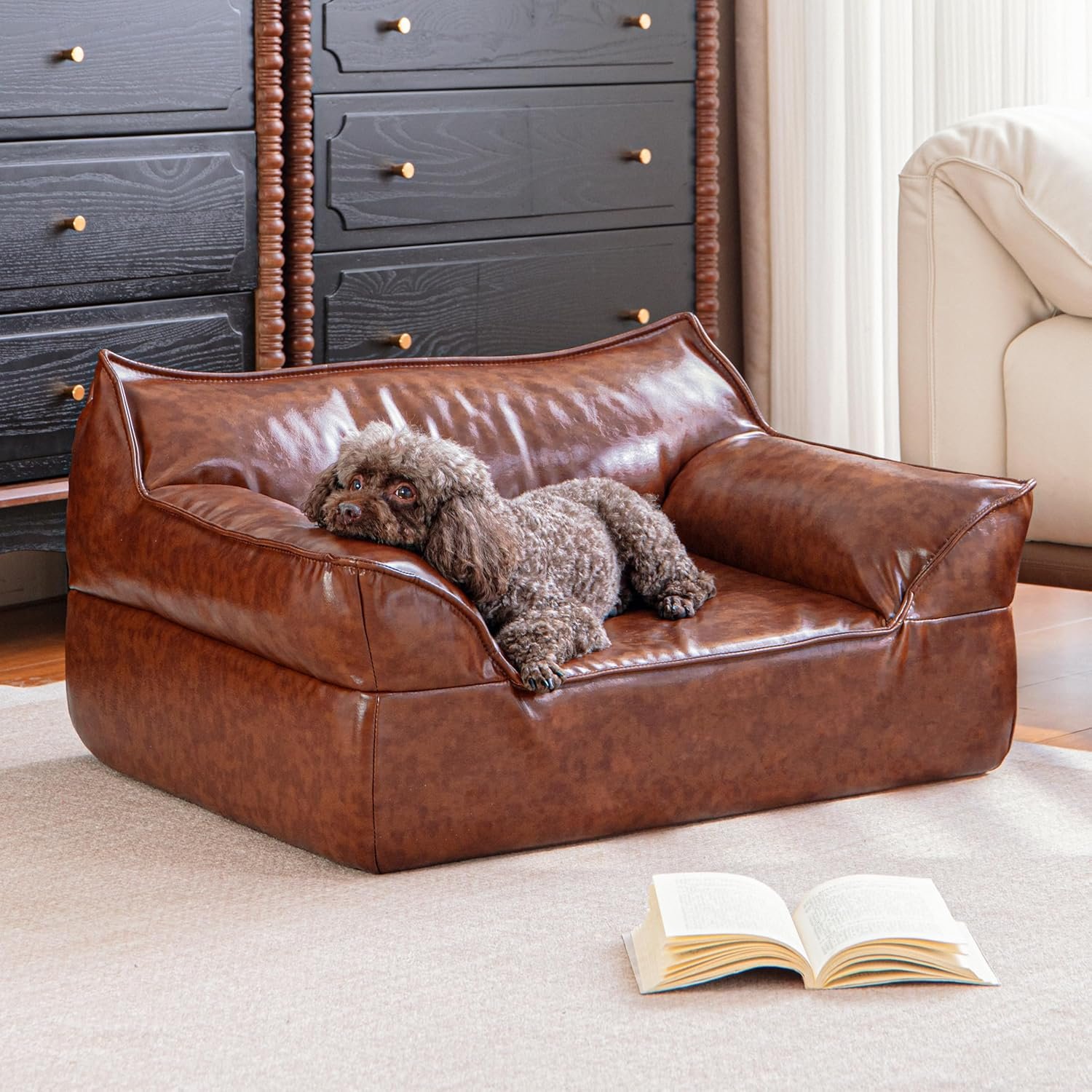 Brown Leather Dog Couch Bed for Medium Small Dogs Under 50 lbs, 31.5 Inch Mid-Century Modern Luxury Elevated Dog Sofa Indoor, Furniture Style Vintage Raised Pet Sofa Bed (Medium) - Image 2