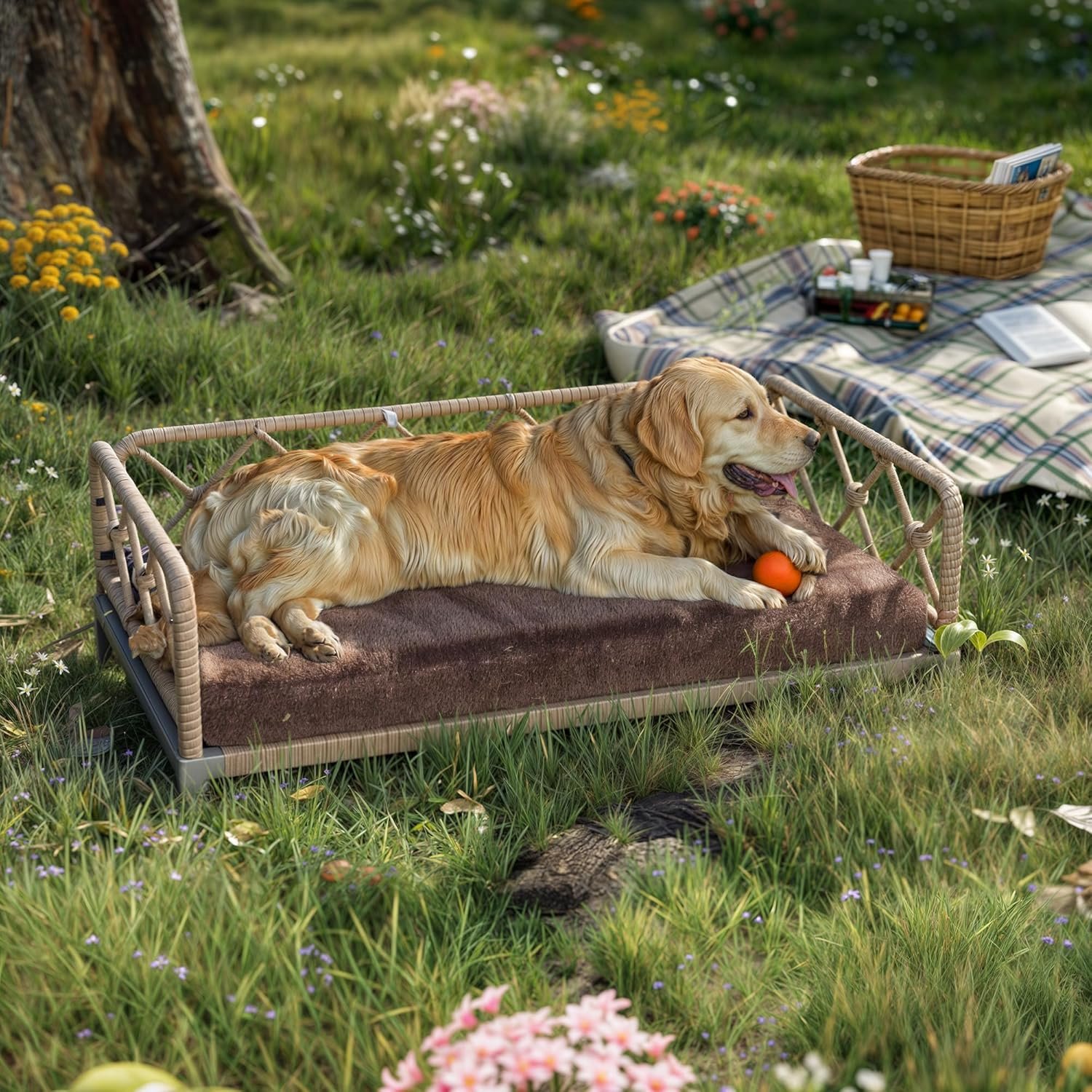 Dog Bed with Cushion, Cooling Elevated Raised Beds with Rattan Breathable Mesh and Universal Mat, Indoor & Outdoor Pet Cots for Large Dog, Brown - Image 2