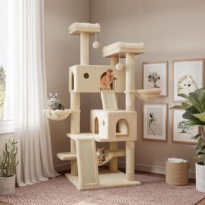 65in Larger Cat Tree Tower Condo for Indoor Kitties/Multi-Level Furniture Activity Center with Wide Base/Cozy Plush Cat Perches/Baskets/Sisal Scratching Posts and Hammock/Beige