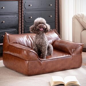 Brown Leather Dog Couch Bed for Medium Small Dogs Under 50 lbs, 31.5 Inch Mid-Century Modern Luxury Elevated Dog Sofa Indoor, Furniture Style Vintage Raised Pet Sofa Bed (Medium)