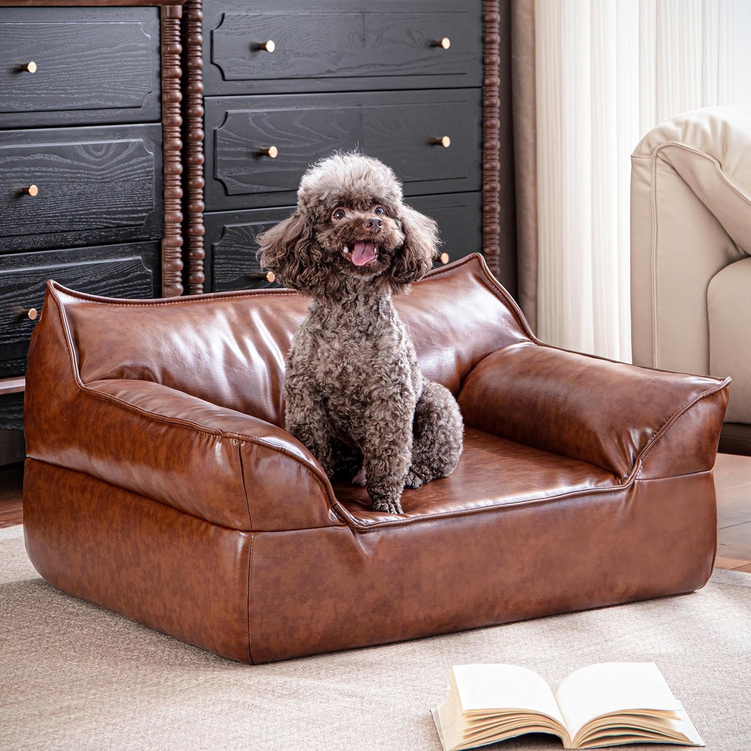 Brown Leather Dog Couch Bed for Medium Small Dogs Under 50 lbs, 31.5 Inch Mid-Century Modern Luxury Elevated Dog Sofa Indoor, Furniture Style Vintage Raised Pet Sofa Bed (Medium)