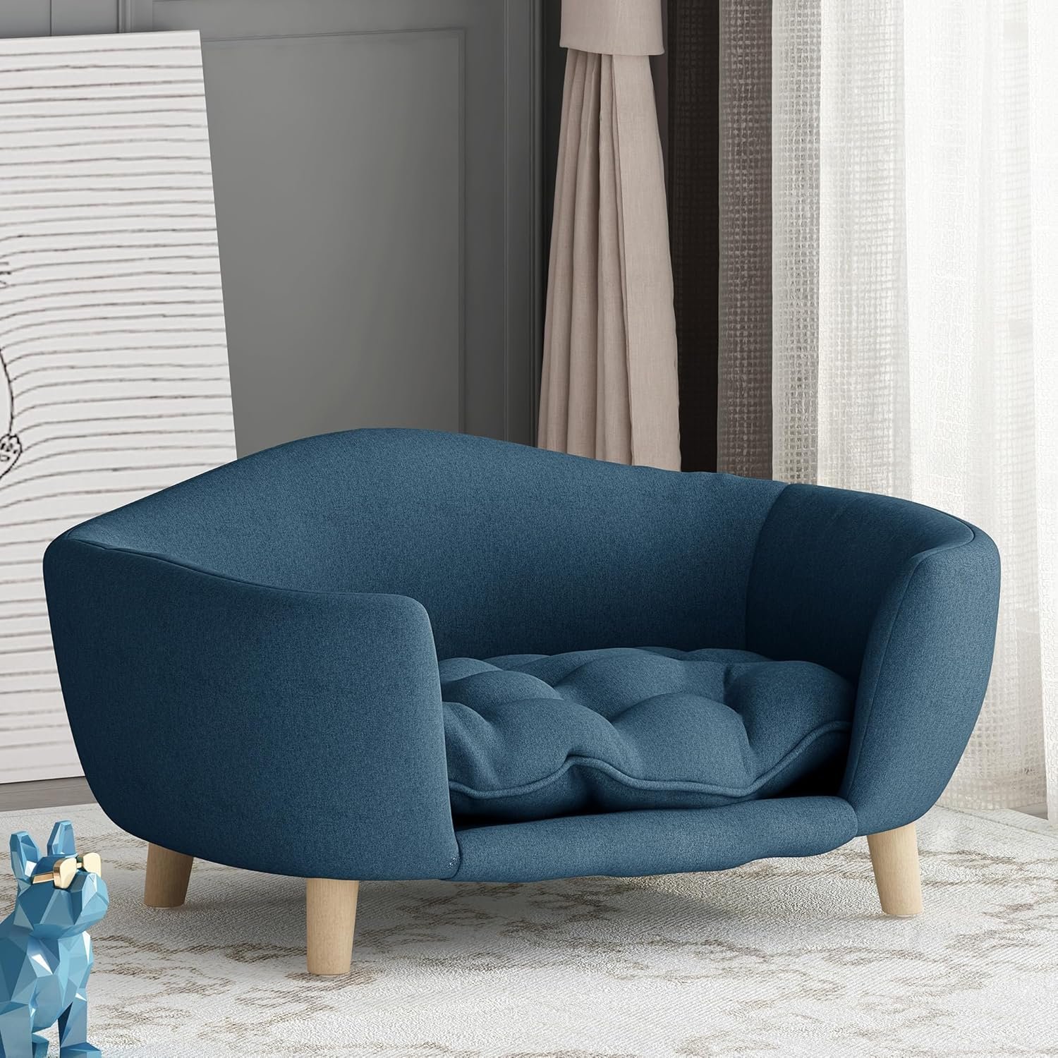 30''inch Bed Frame for Large Dogs, Modern Pet Sofa, Elevated Dog Couch Bed with Wooden Legs, Oval Small Dog Bed, Cozy Tufted Cushion Pet Furniture (Navy Blue) - Image 2